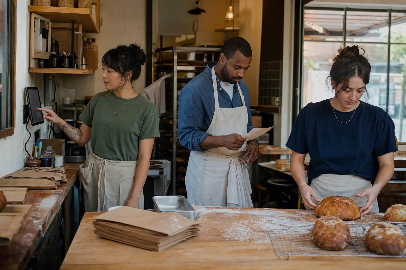 Three bakery coworkers begin the workday as one employee clocks in on a shared tablet