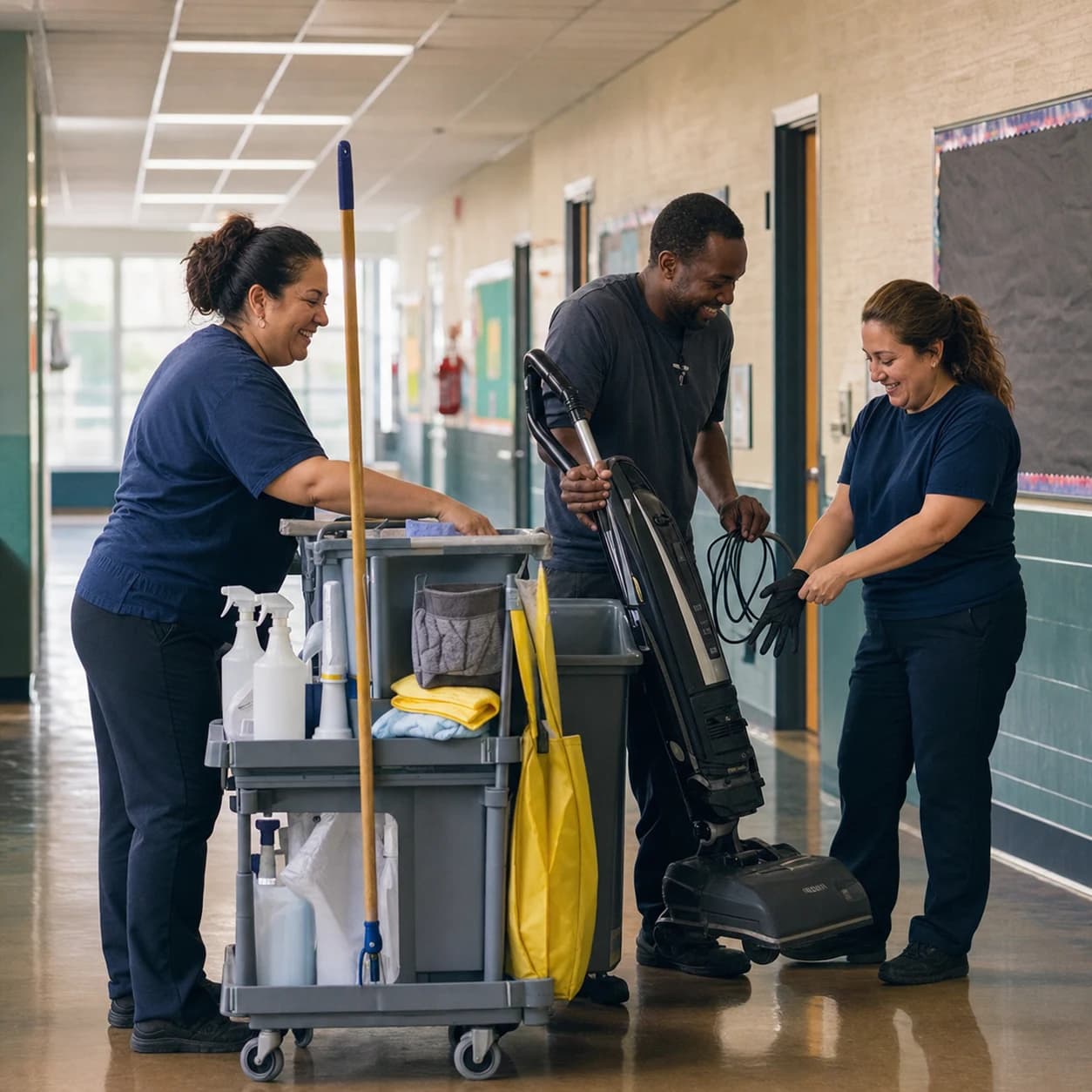 A cleaning crew working together in a school hallway