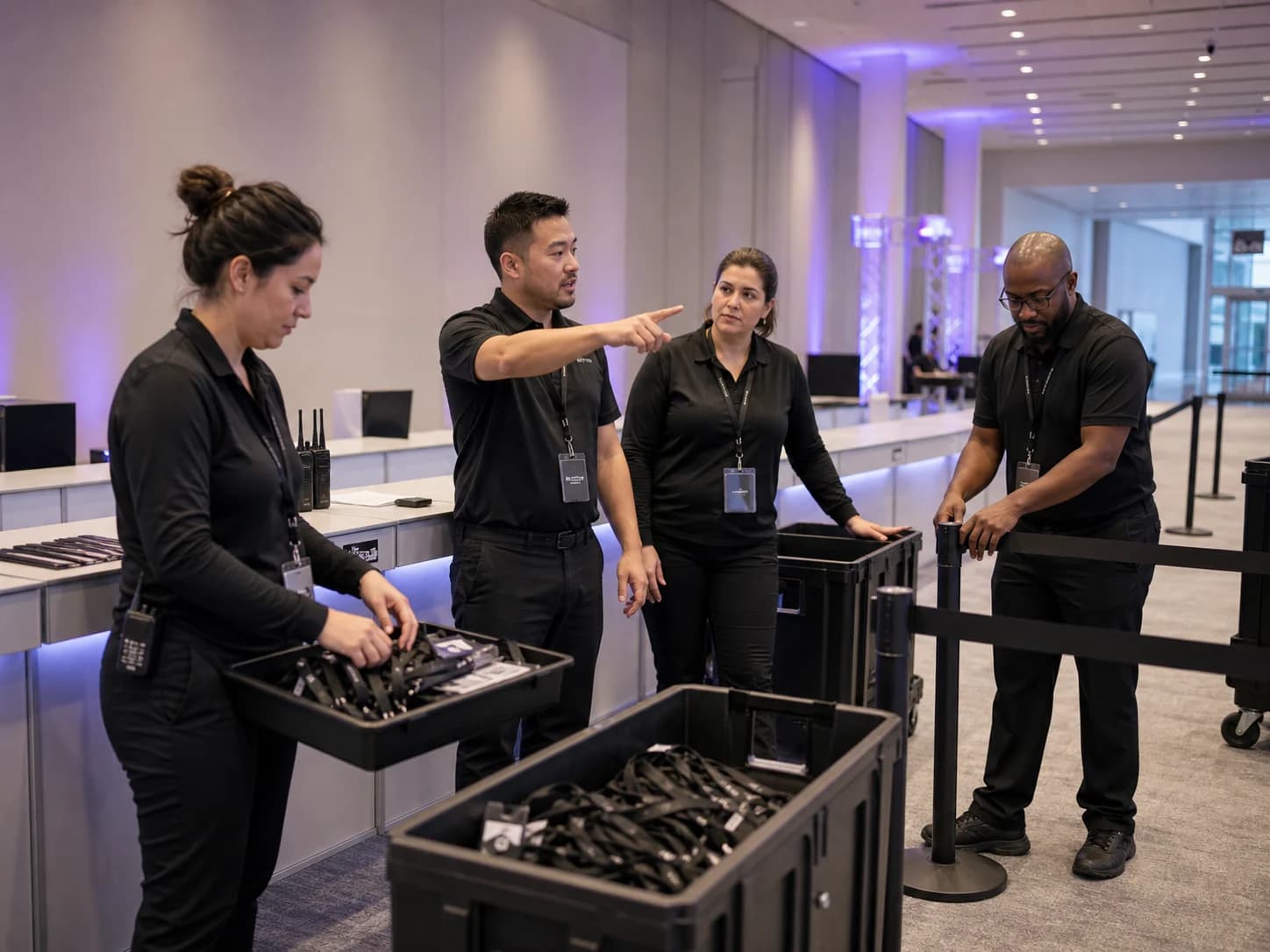 Conference entry employees preparing registration positions before opening
