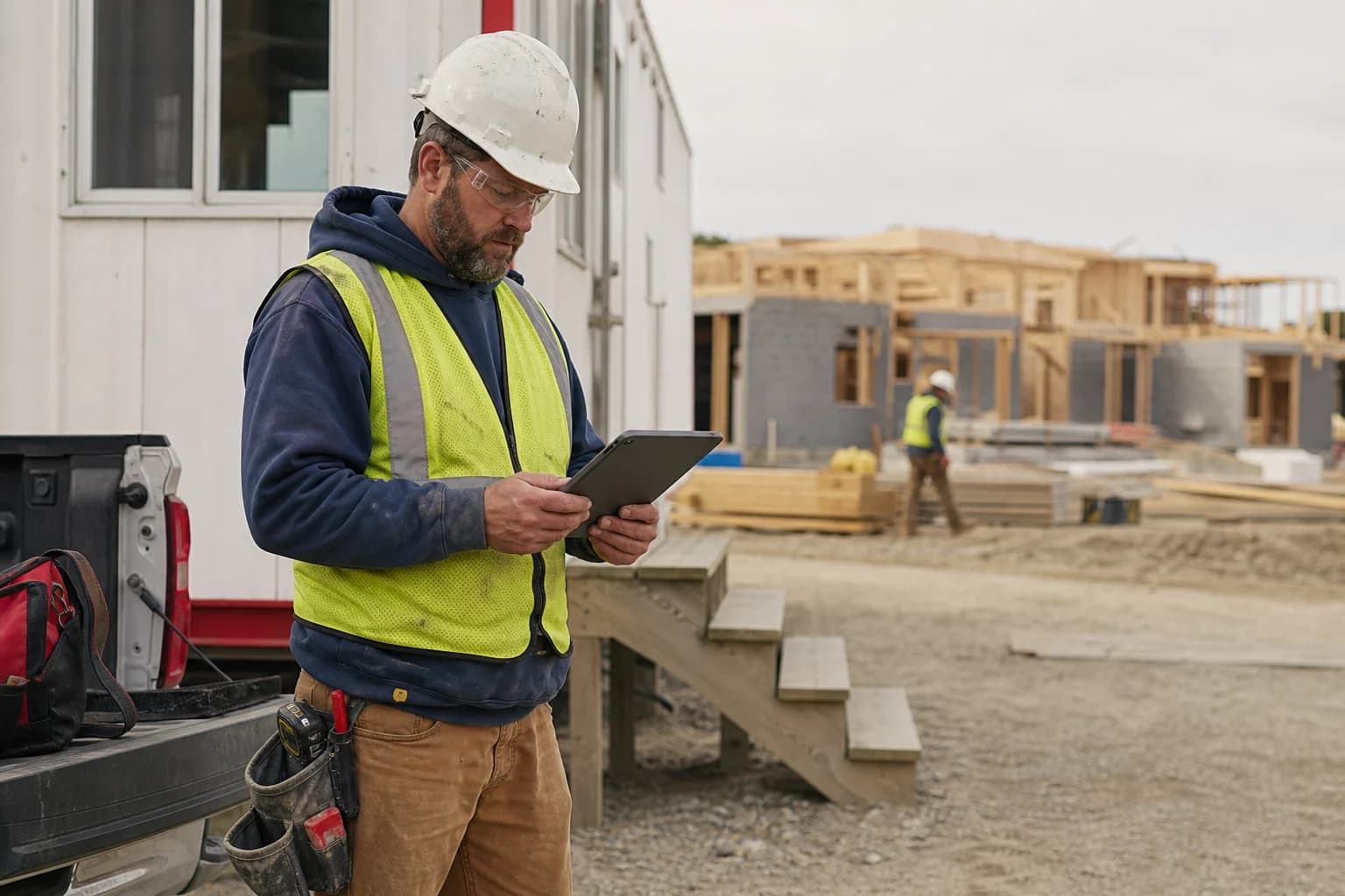 A construction foreman reviewing a tablet beside a job trailer and active build