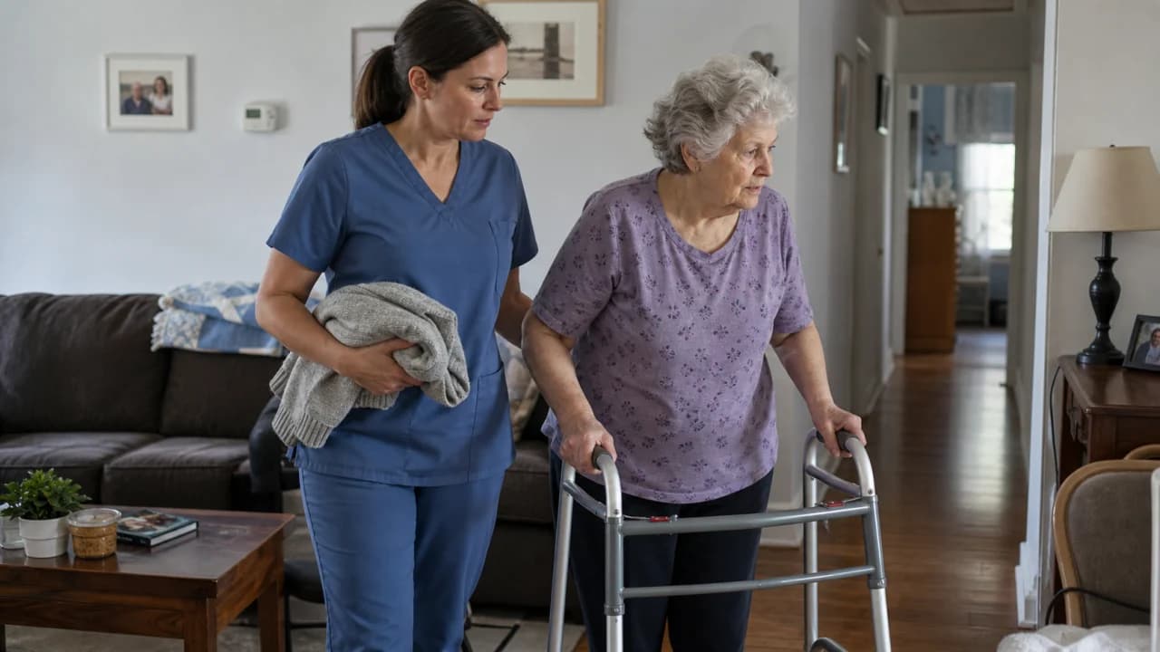 A home-health employee walking beside a client using a walker
