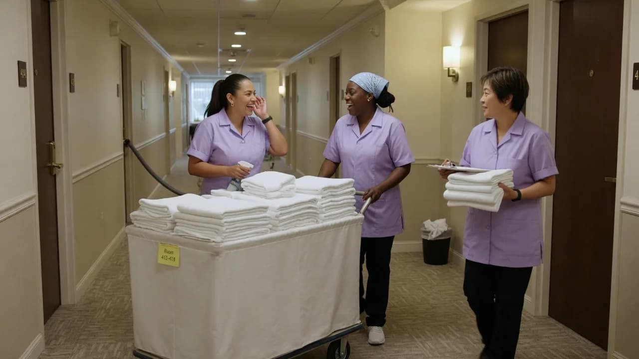 Housekeeping employees working through guest rooms