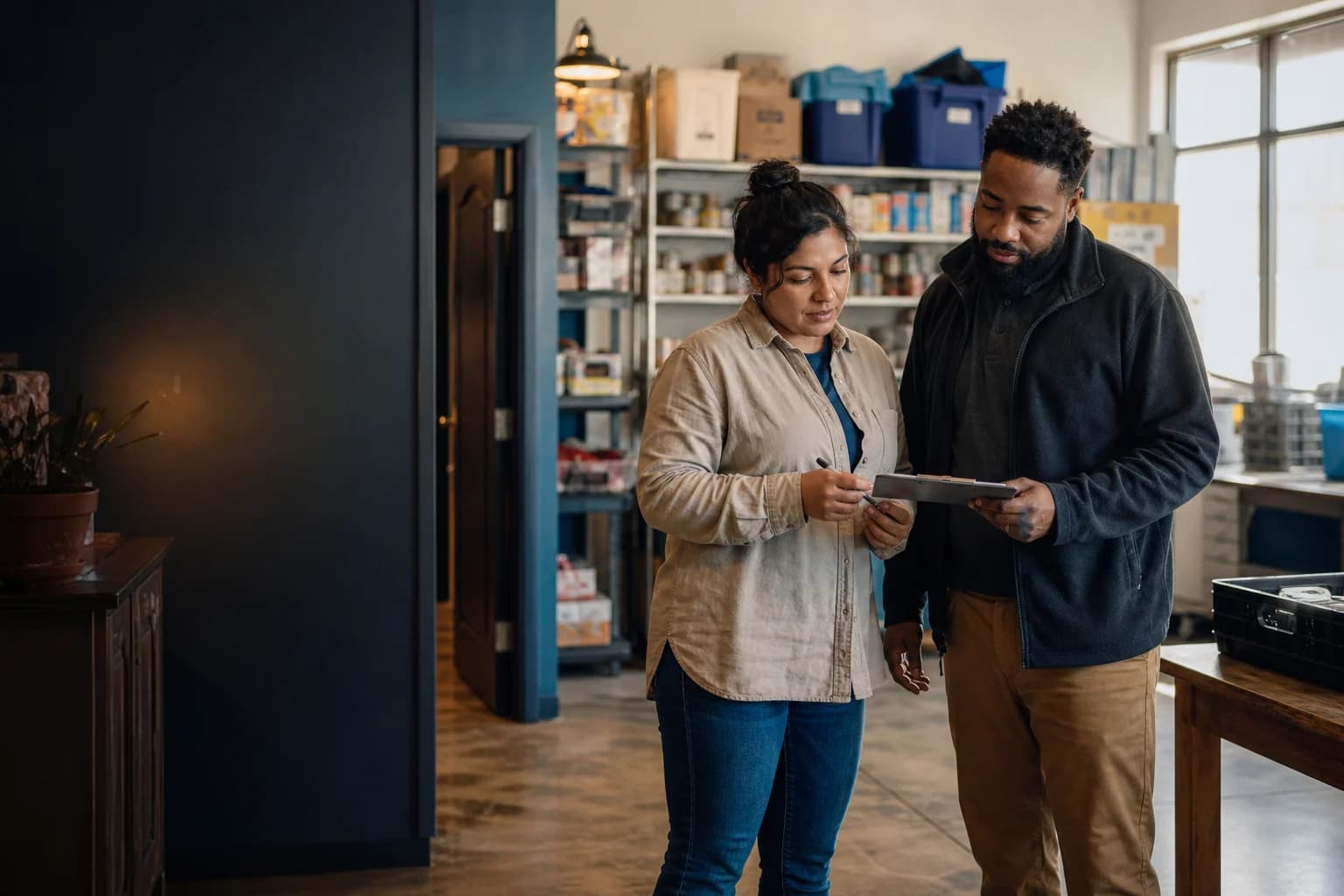 Two nonprofit program employees reviewing a shift handoff in a community resource center