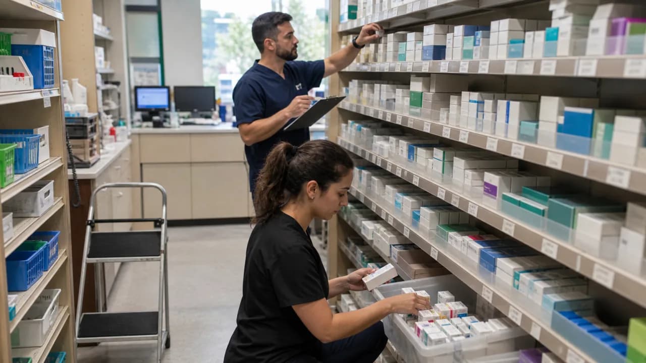 Two pharmacy employees counting inventory along a shelf aisle
