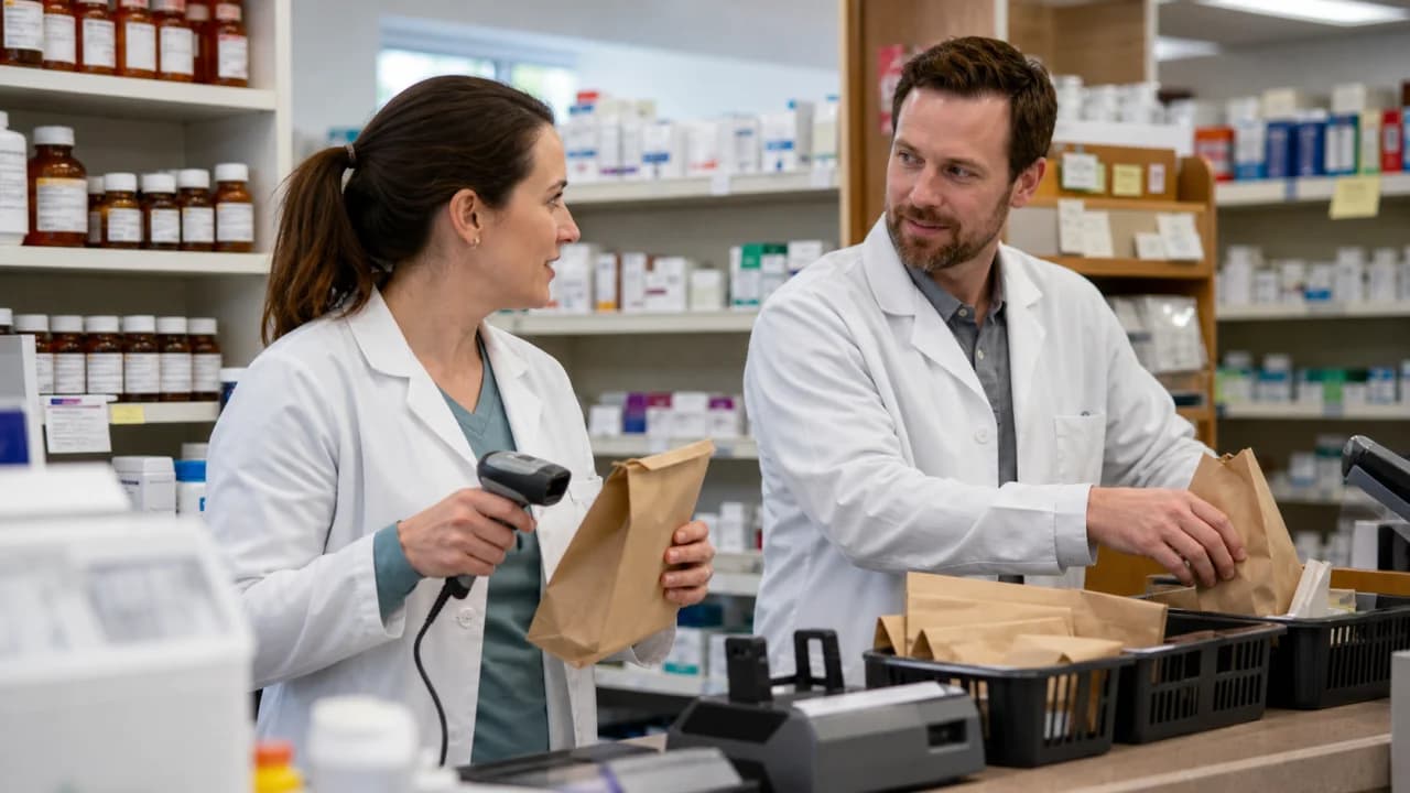Two pharmacy employees scanning and sorting finished orders behind the counter