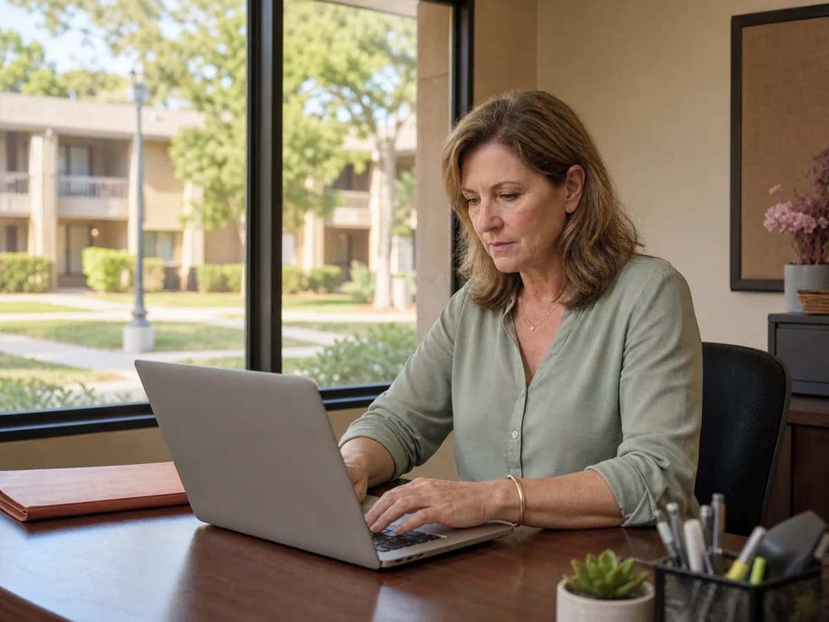 A property operations manager reviewing employee hours in an onsite office