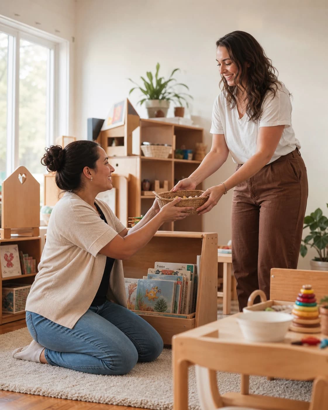 Two early-learning educators prepare a classroom activity area together