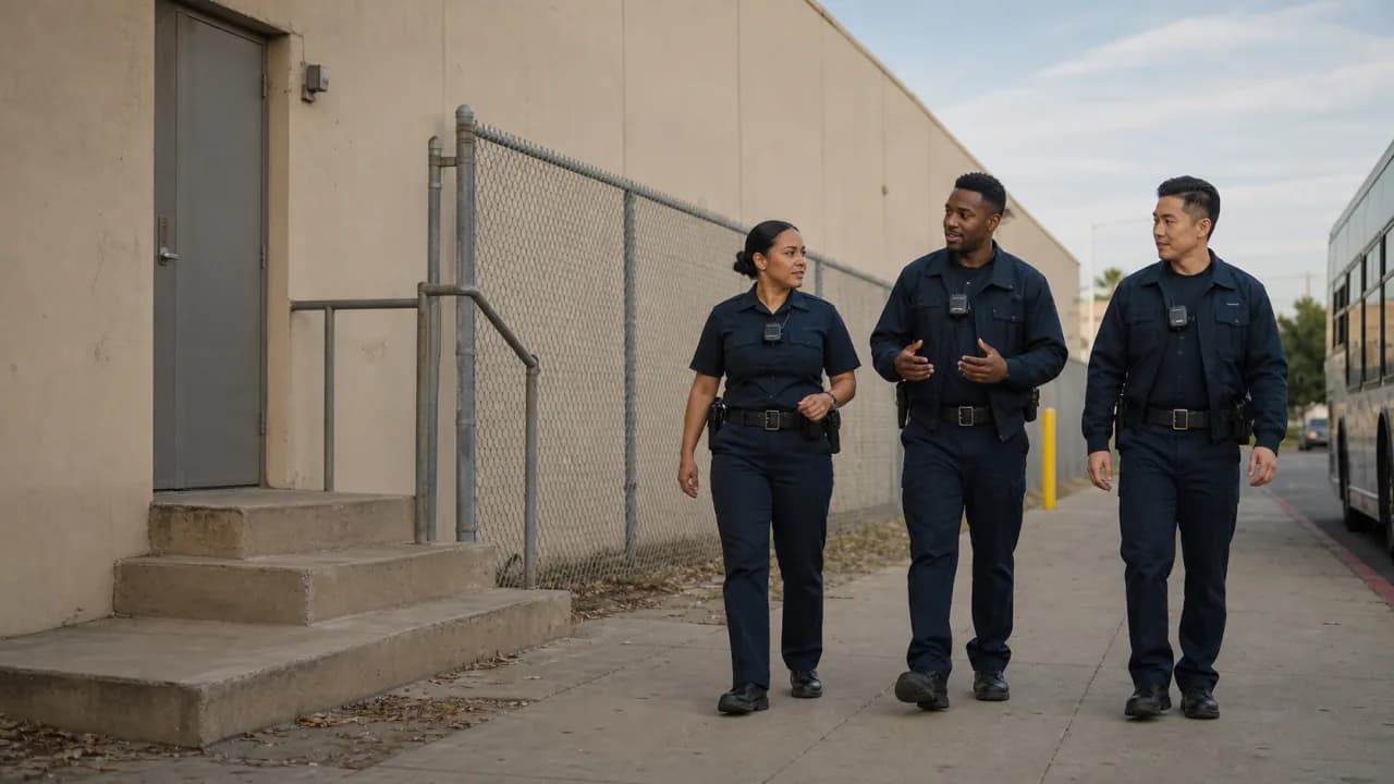 Security employees walking a site together at the start of a shift