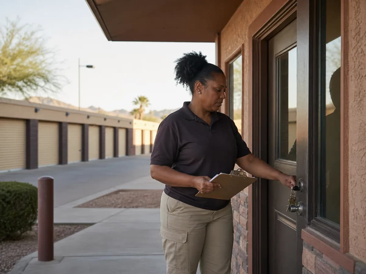 A self-storage site employee opening the property office for the workday