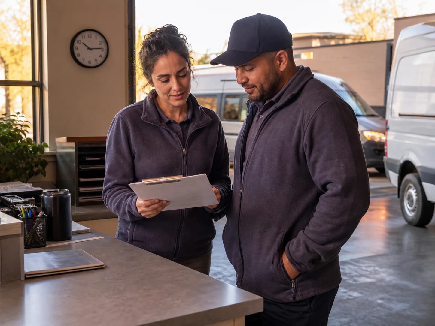 Two transportation employees reviewing a route sheet in a dispatch office