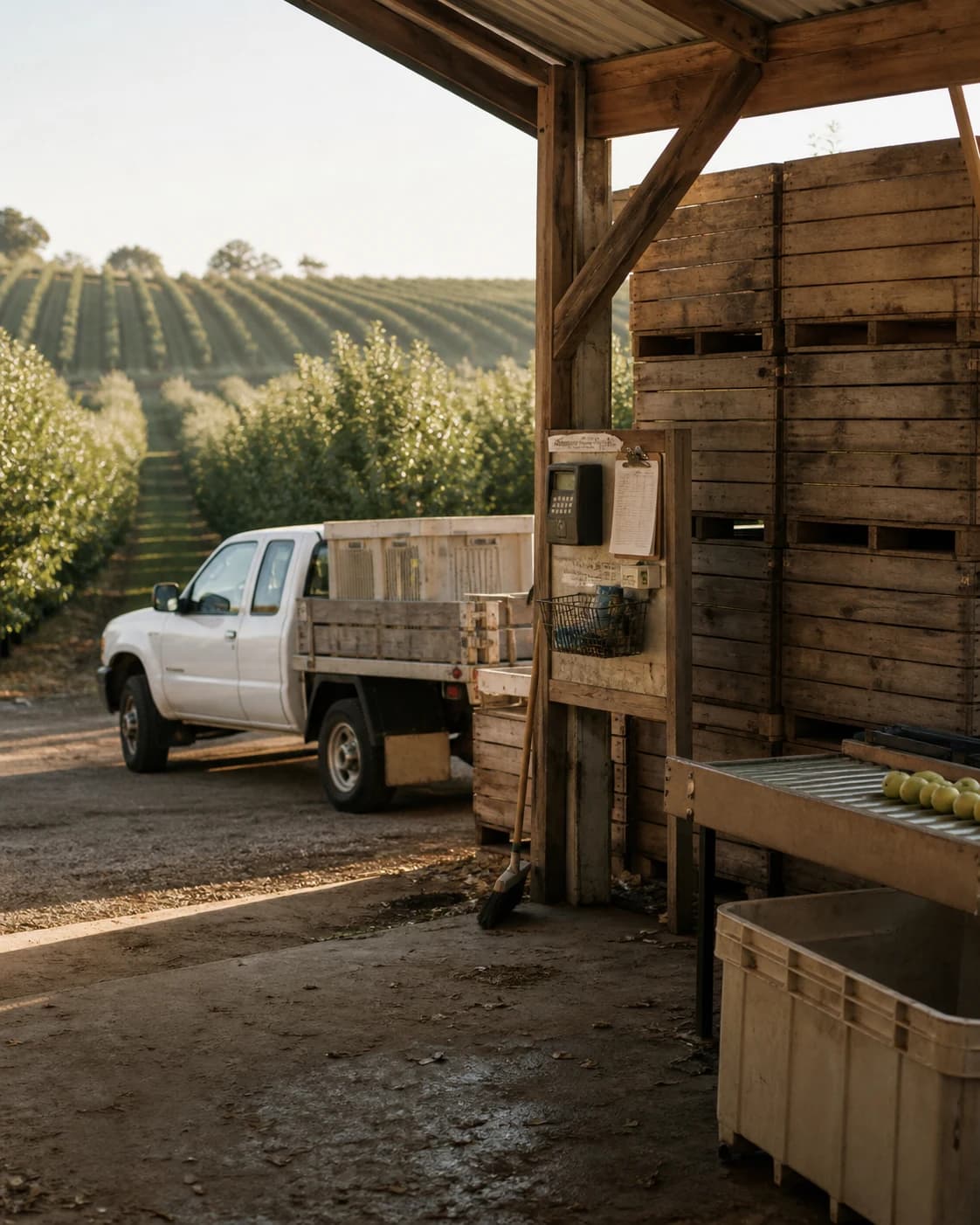 An orchard packing area prepared for the morning crew