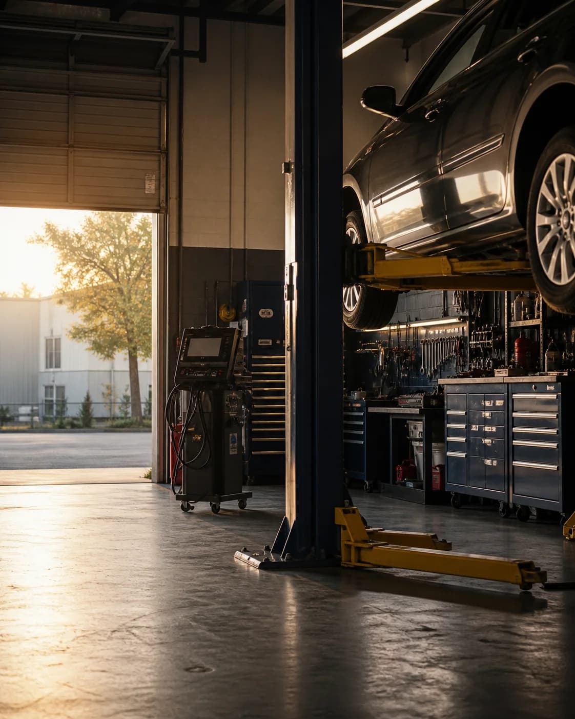 An independent auto repair shop prepared for the workday