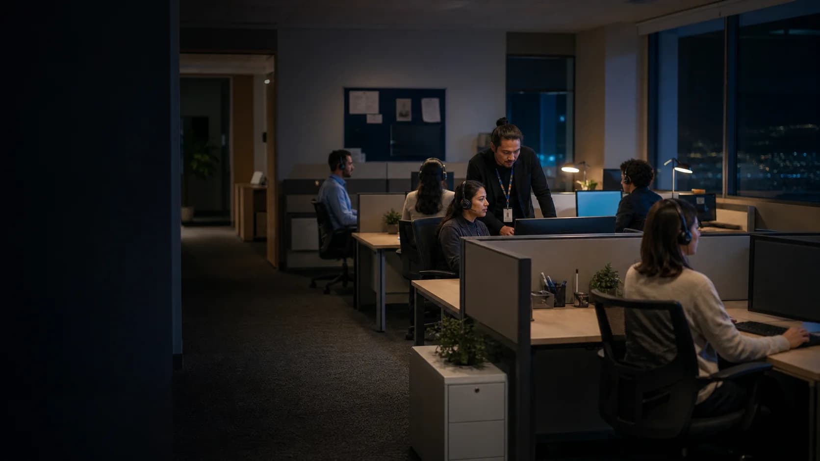 A contact center during an evening shift