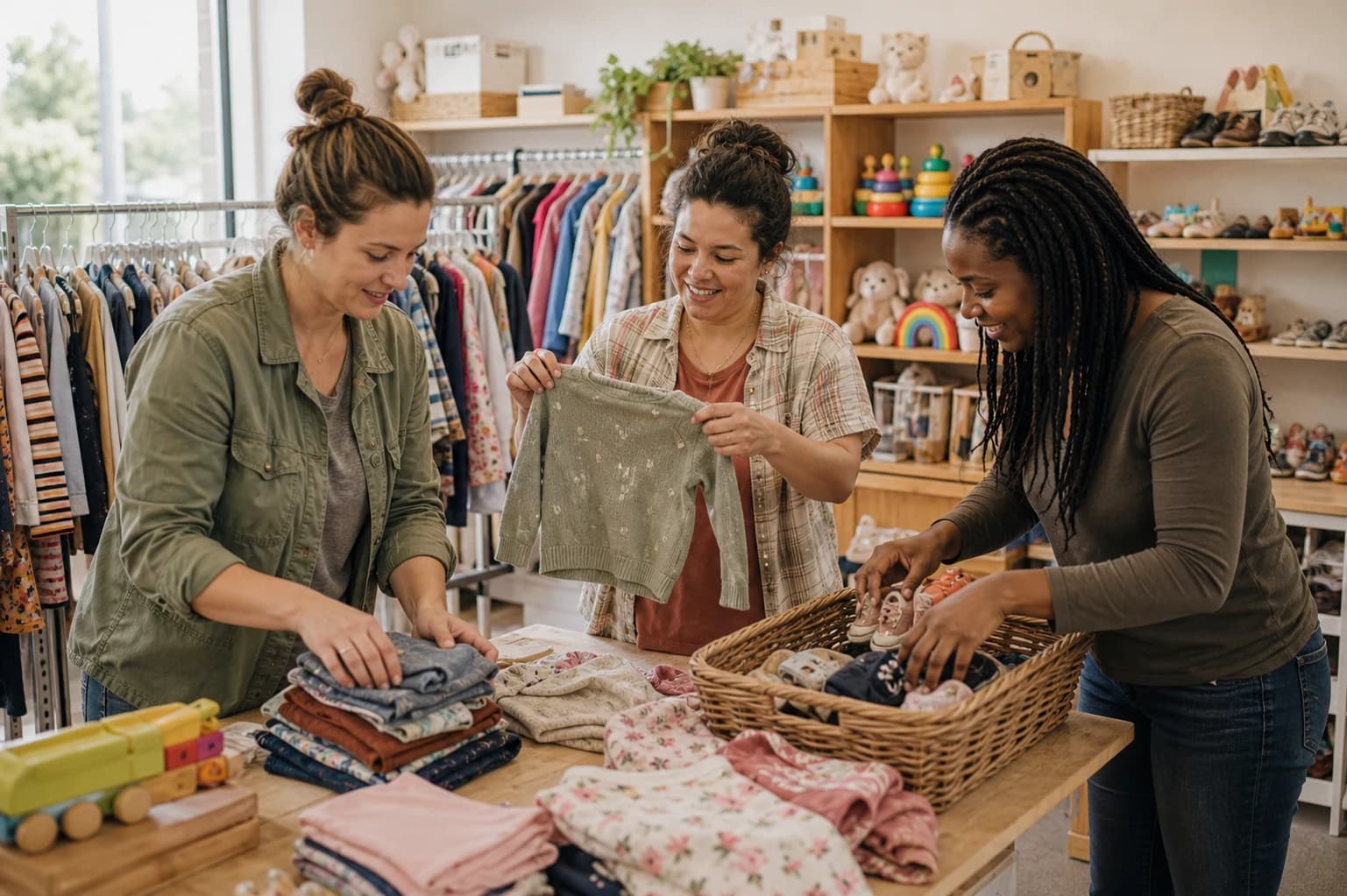 Empleados revisando y doblando ropa infantil en una tienda de consignación