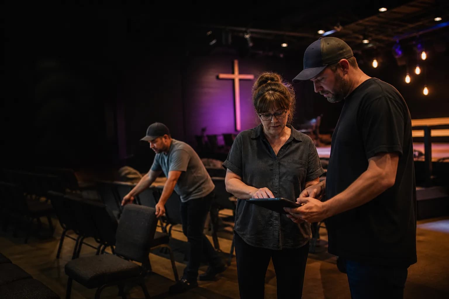 Church staff preparing before a service