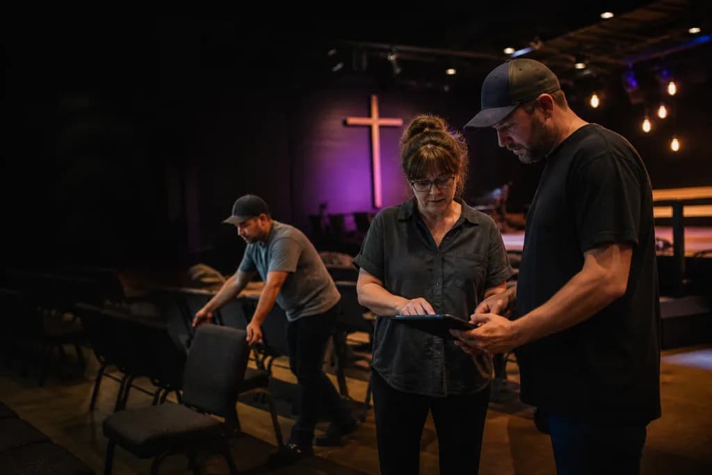 Personal de una iglesia preparándose antes de un servicio