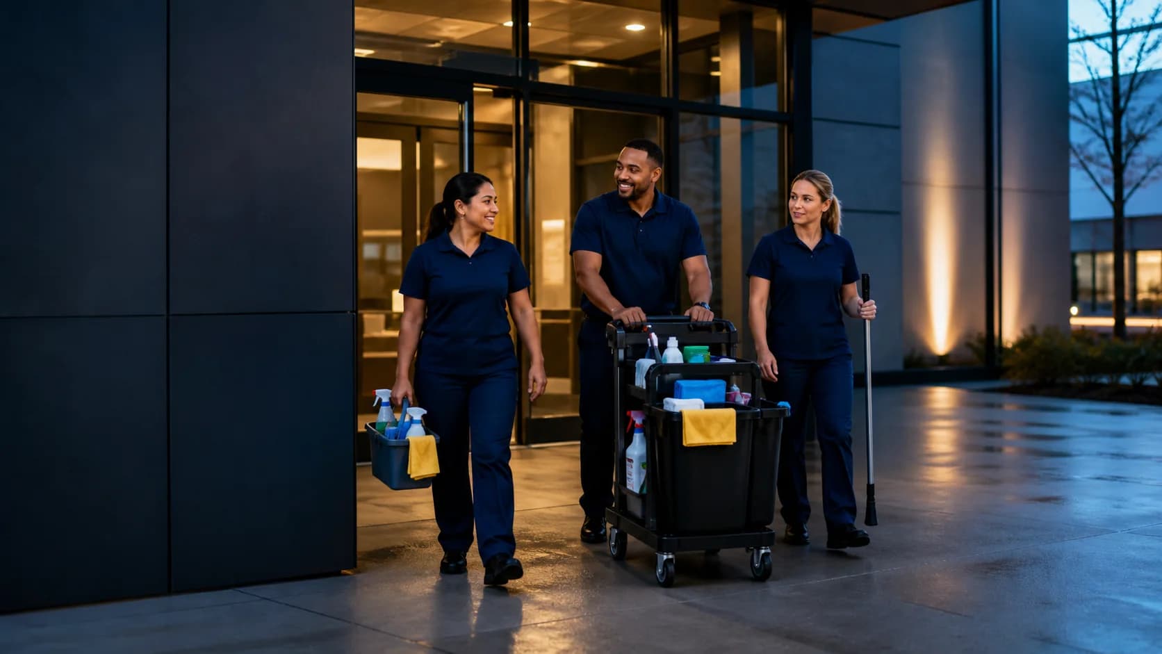 A cleaning crew arriving at an office building entrance in the evening