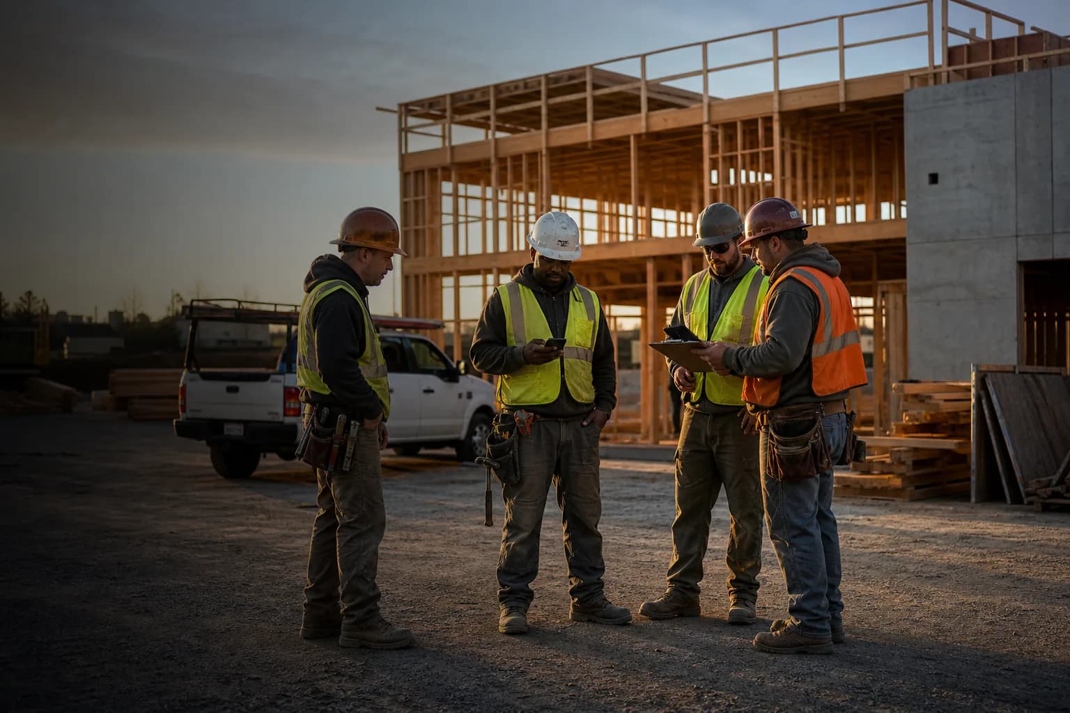 A construction crew reviewing a phone and clipboard on a job site