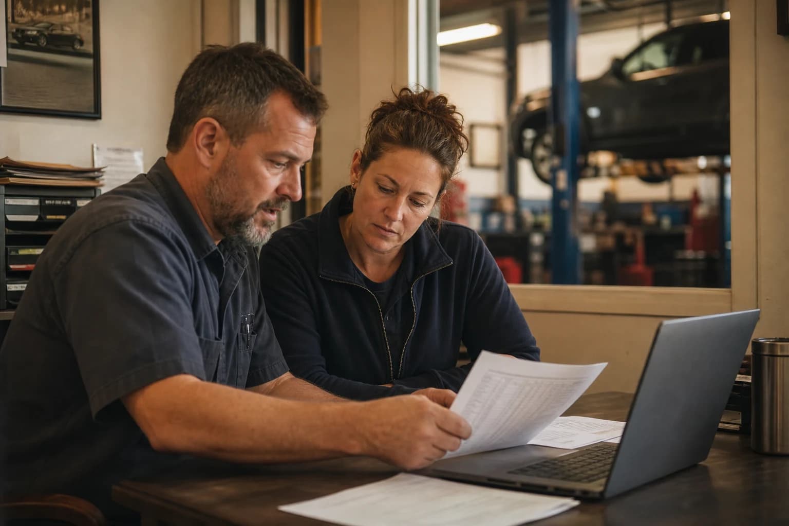 Dos gerentes de un taller mecánico revisando juntos las horas en una laptop