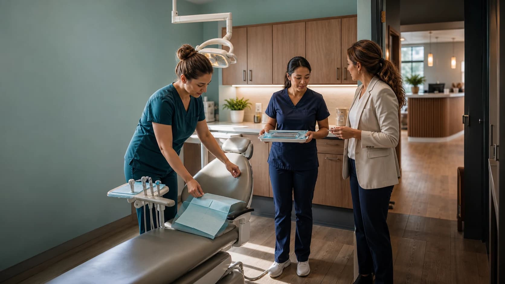 Dental office staff preparing a treatment room together before the workday