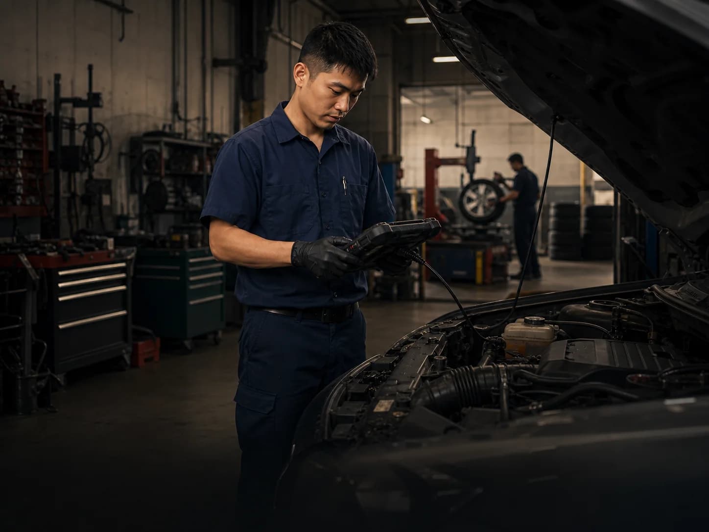 An automotive technician using a diagnostic scanner beside an open hood