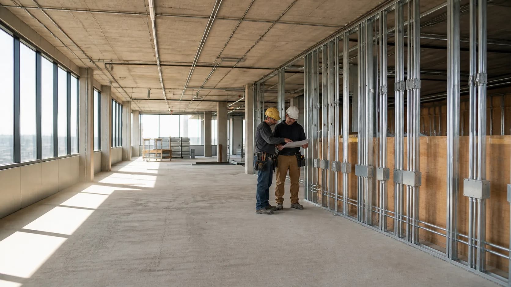 Two electrical coworkers reviewing plans beside commercial conduit rough-in