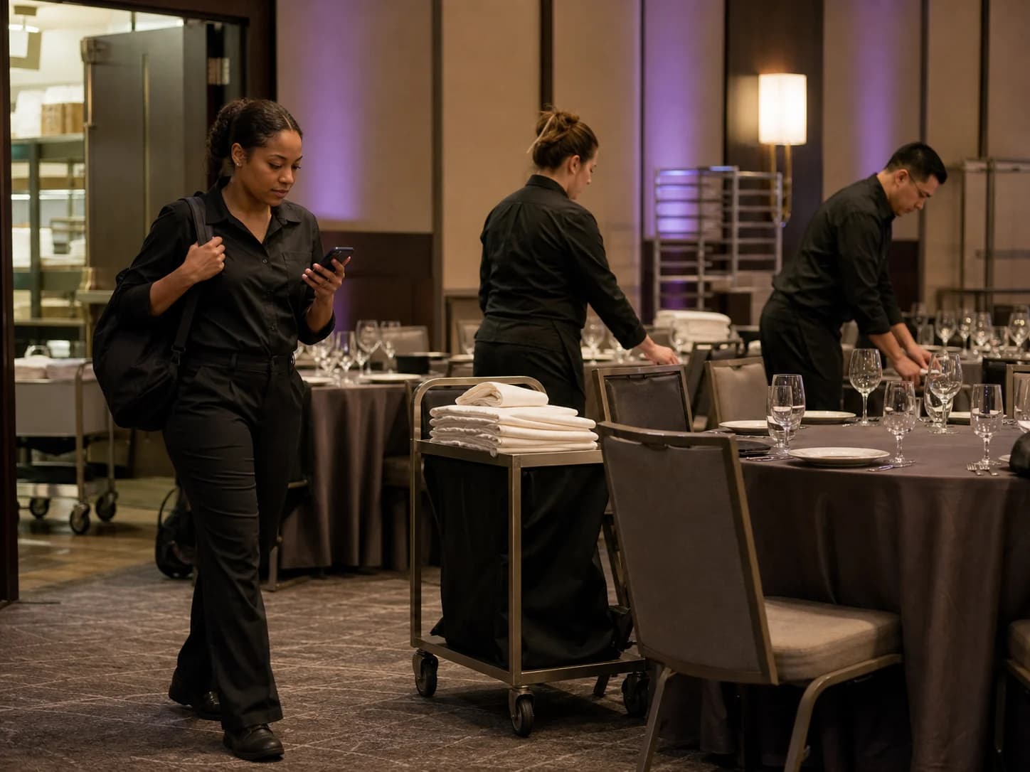 An event crew clocking in before a ballroom function