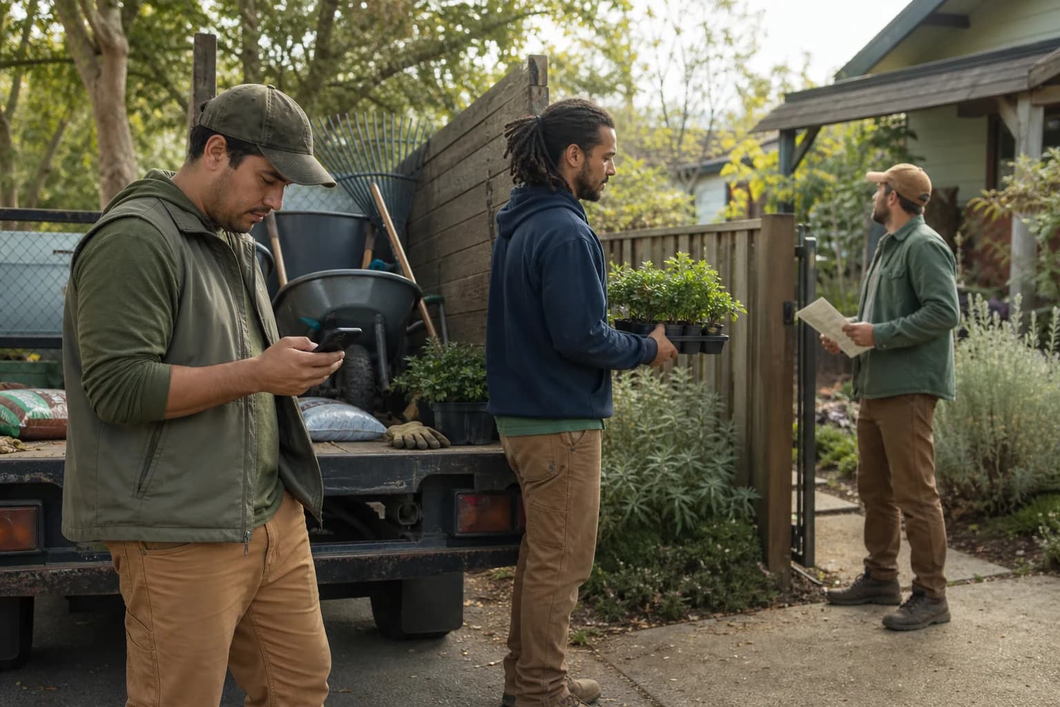 A landscaping crew arrives at a job site as one employee clocks in by phone