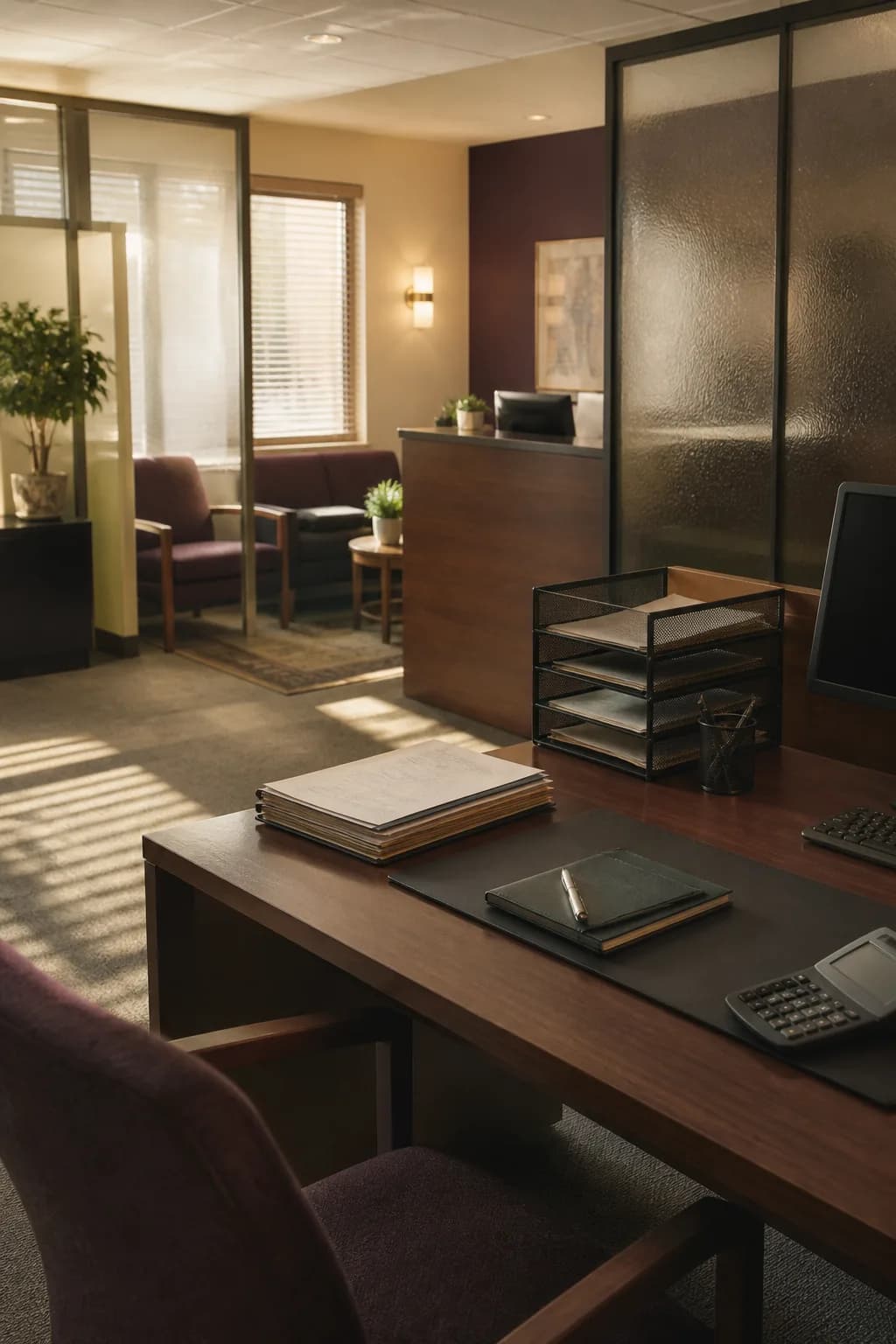 A quiet financial-services office with consultation desks and a reception counter