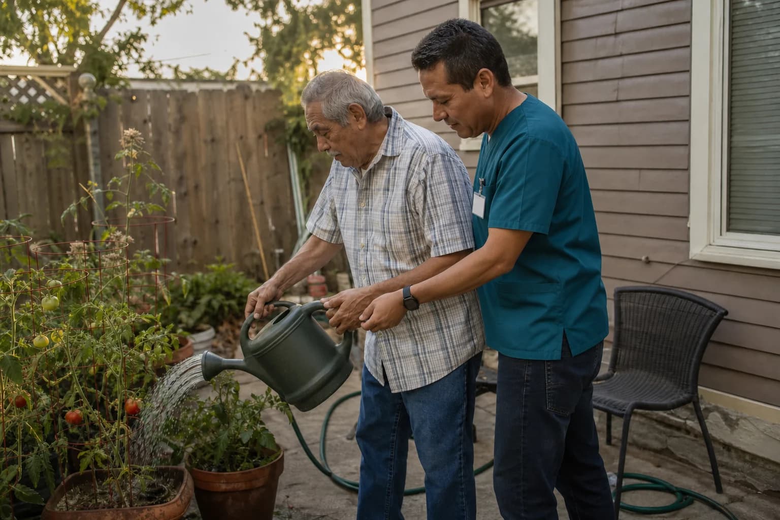 Un cuidador ayudando a su cliente mayor a regar tomates en el patio