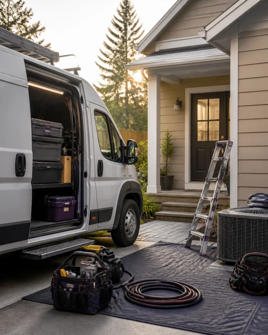 An unbranded service van and tools prepared for a residential service call