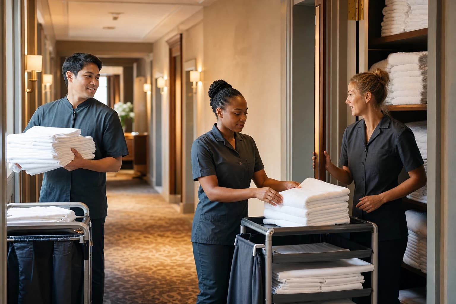 Hotel housekeeping employees preparing clean linens for the property day