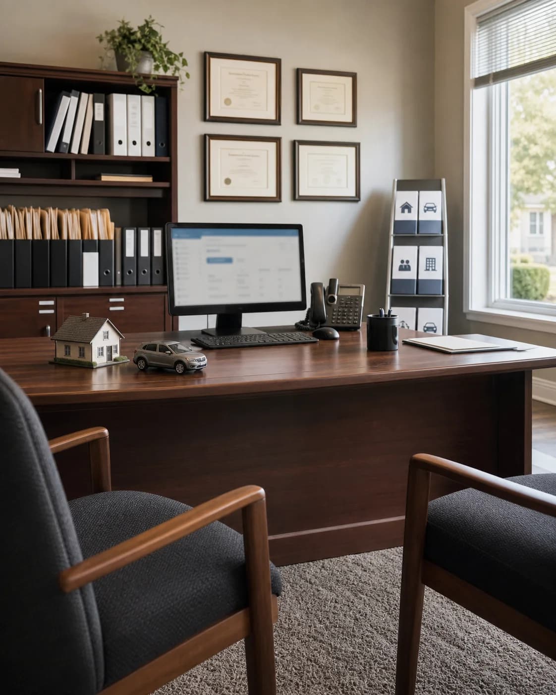 An independent insurance agency office with policy folders, licenses, and home and auto materials