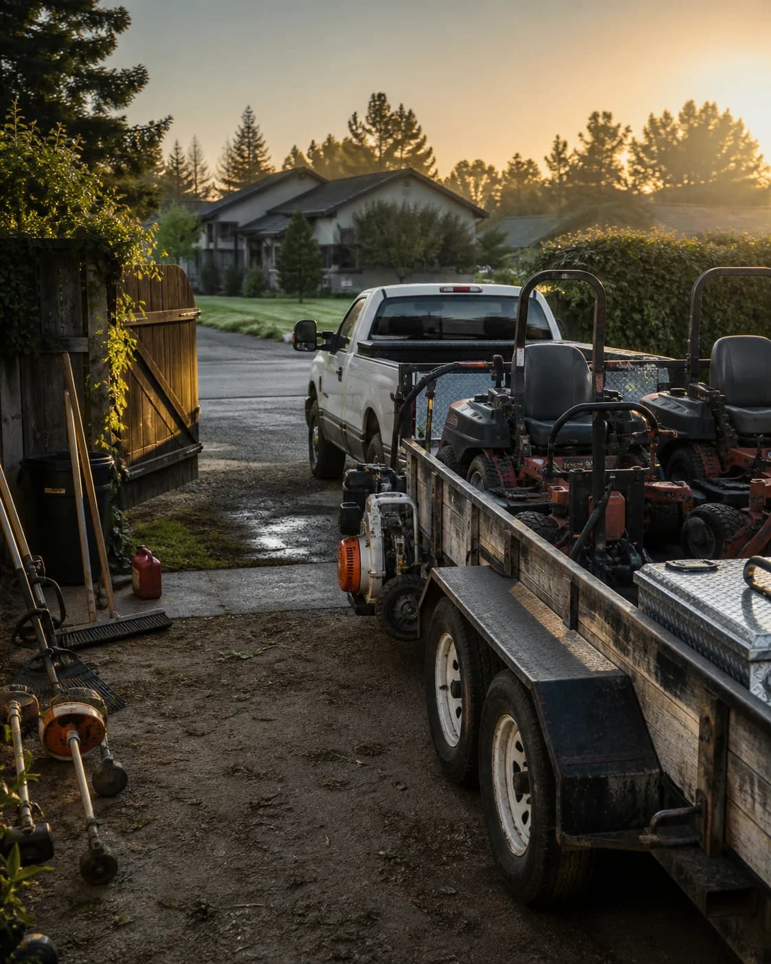 Landscaping trucks and equipment prepared for the morning route