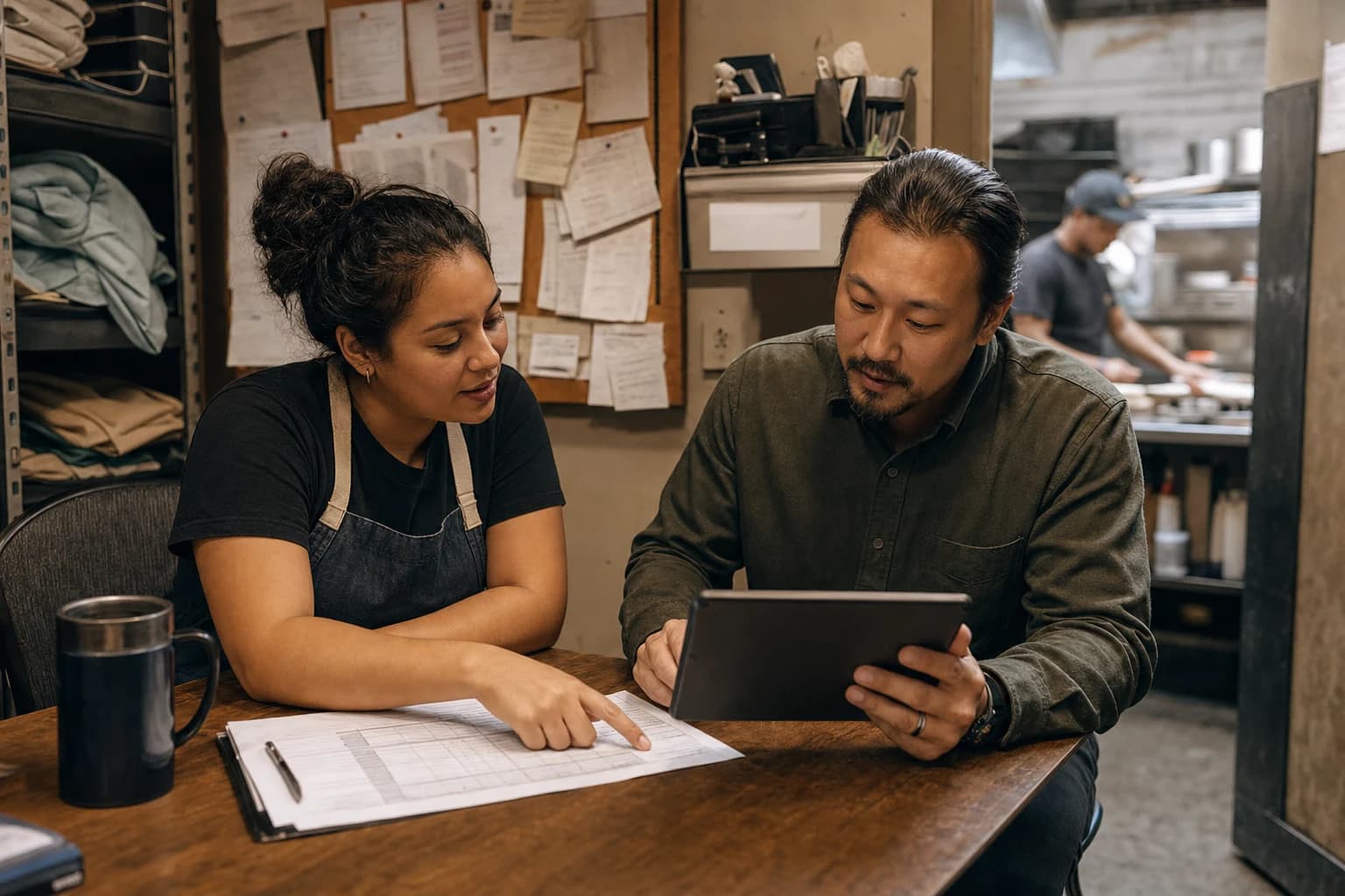 A restaurant employee and manager review a missed clock-out after a shift