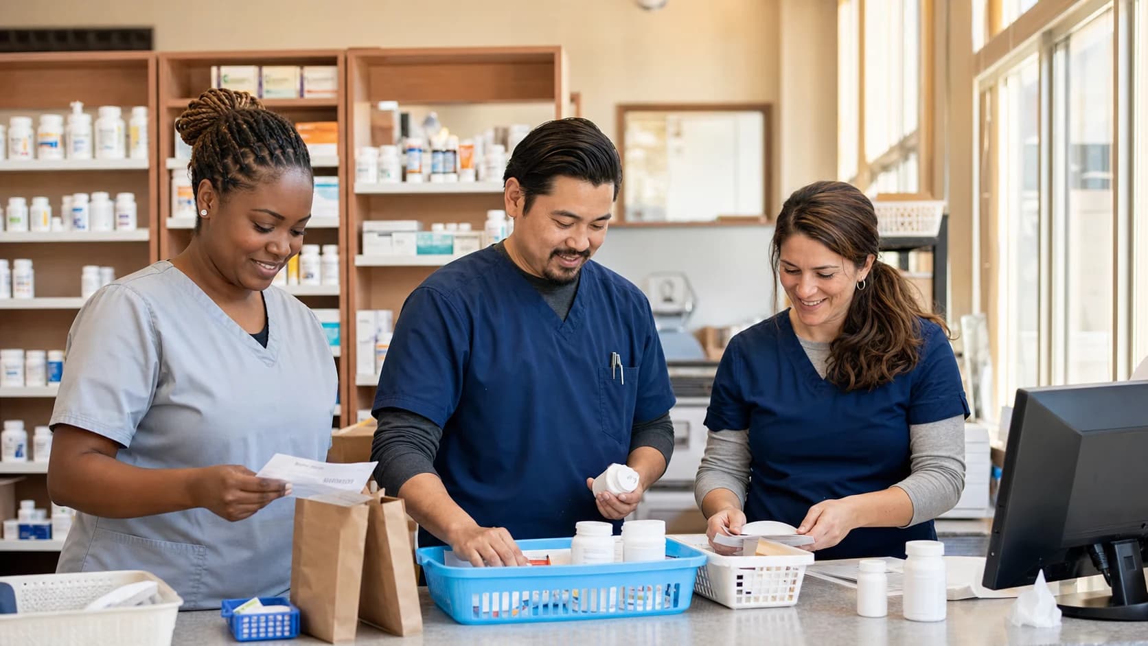 Empleados trabajando juntos detrás del mostrador de una farmacia comunitaria
