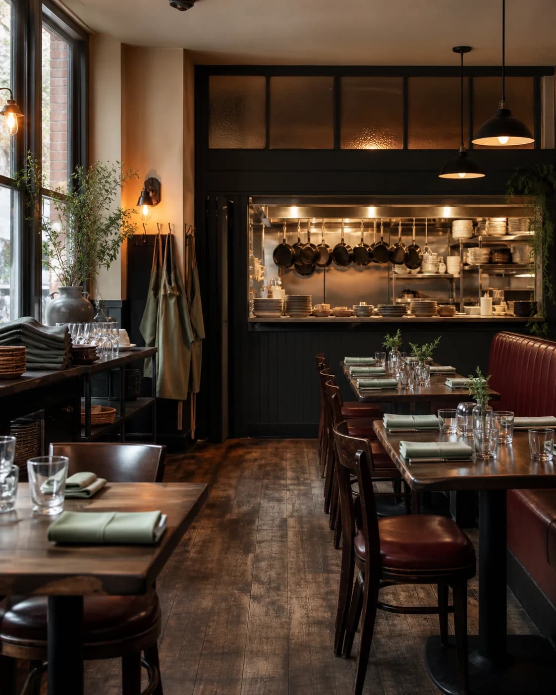 A neighborhood restaurant dining room and open kitchen prepared for dinner service