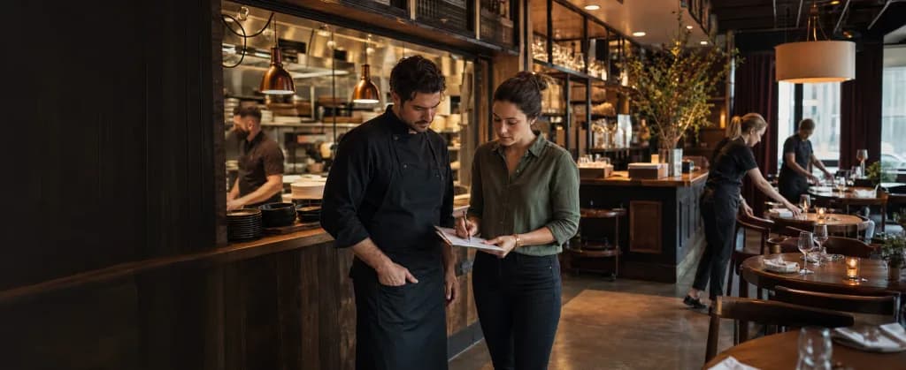 Un chef y una gerente revisando una lista antes del servicio