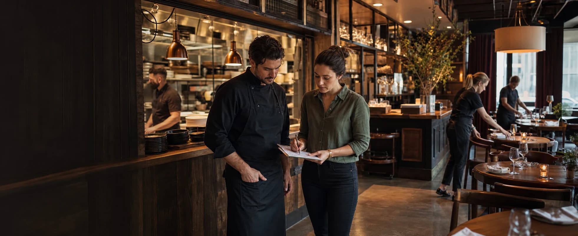 A chef and a manager reviewing a checklist before restaurant service