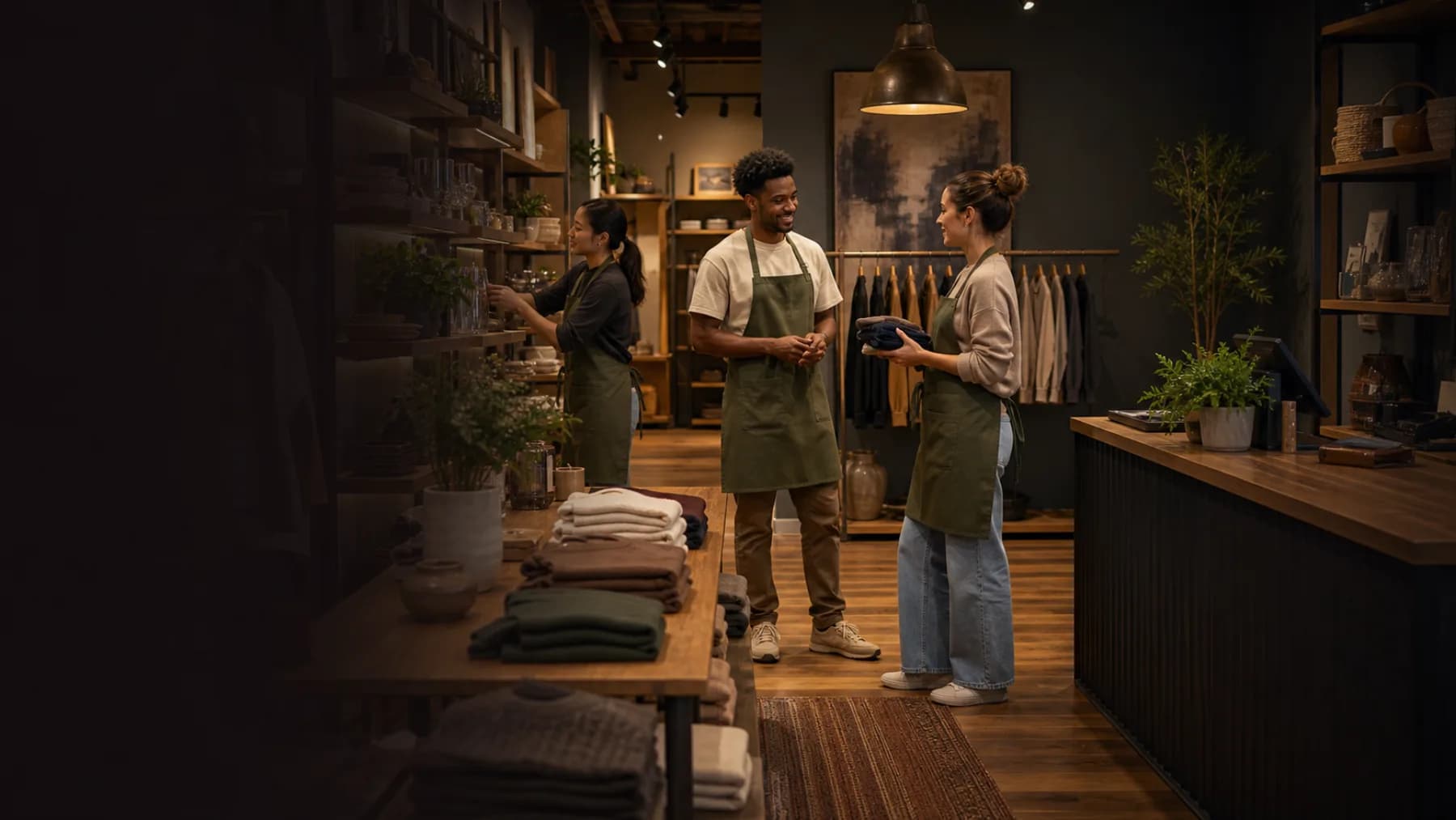Retail employees preparing a store before opening