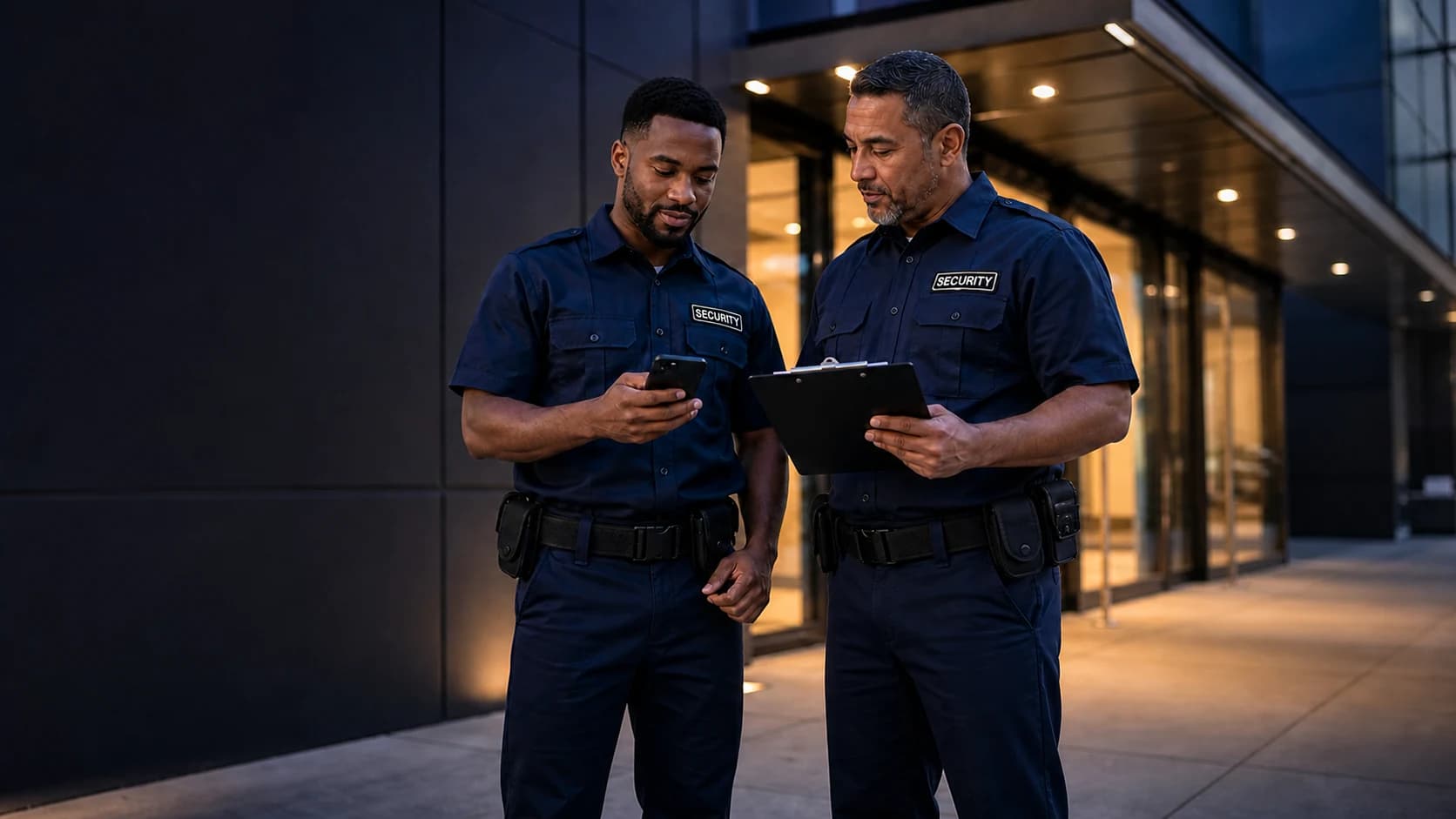 Two security guards comparing notes outside a client building at night