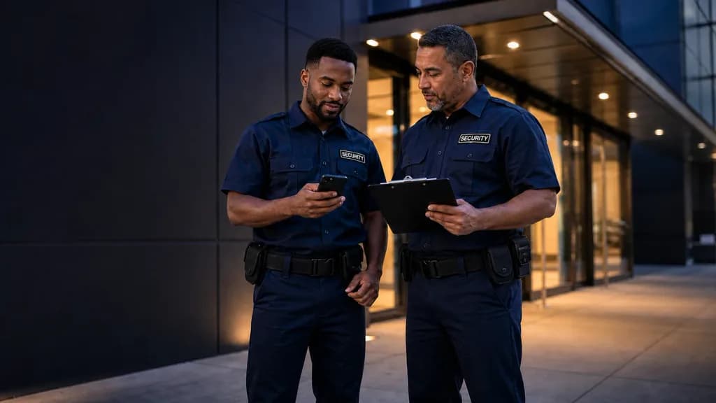 Dos guardias comparando notas afuera de un edificio de un cliente por la noche