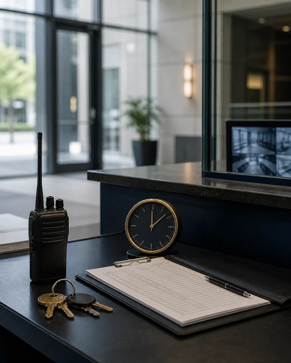 A security post desk with a radio, keys, clock, and shift log