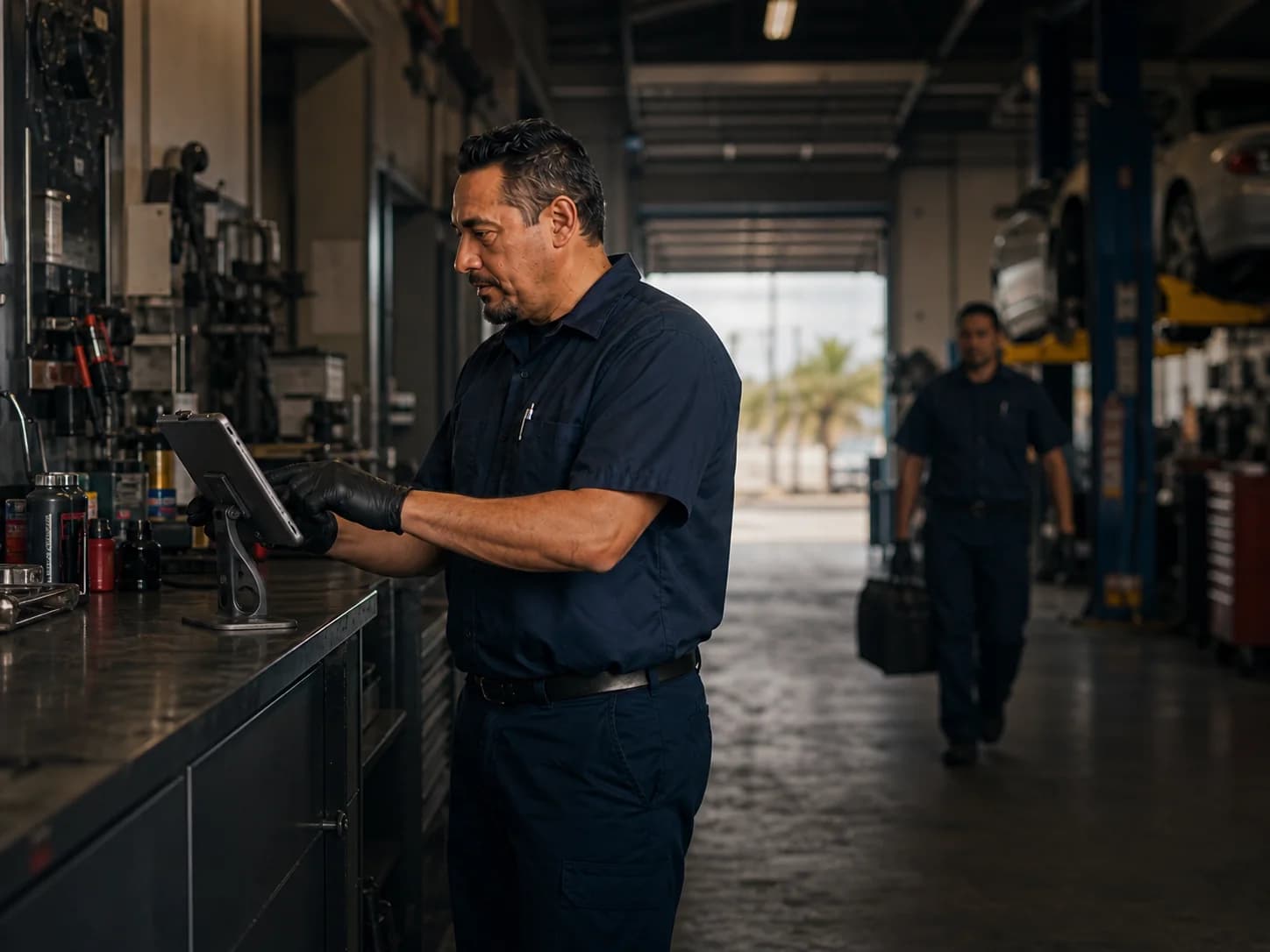 An automotive technician clocking in from a shared tablet at the shop