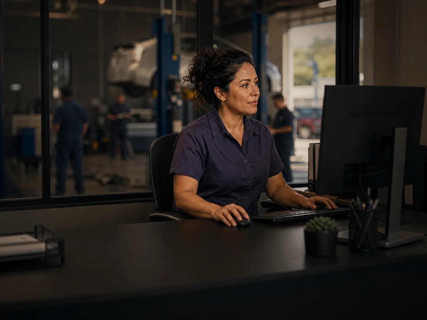 An auto repair shop manager reviewing employee hours from the service office