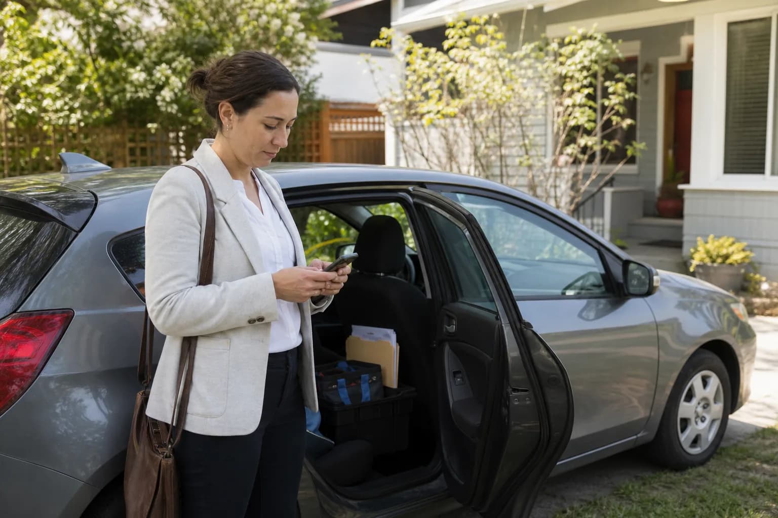 An employee records a work trip beside her personal car at a client property