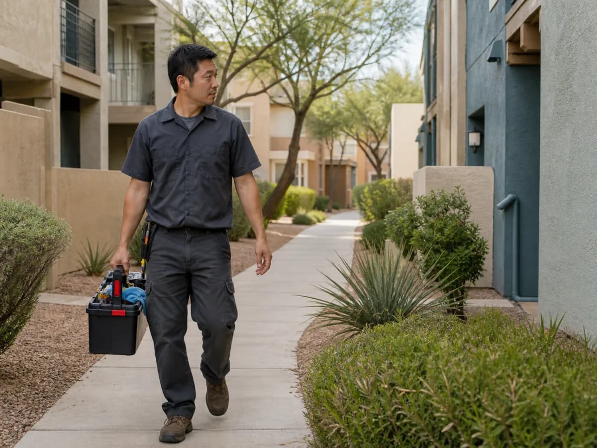 A maintenance technician walking between buildings with a toolbox