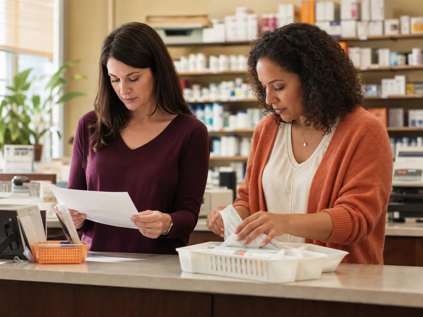 Two colleagues reviewing a printed record at a store counter