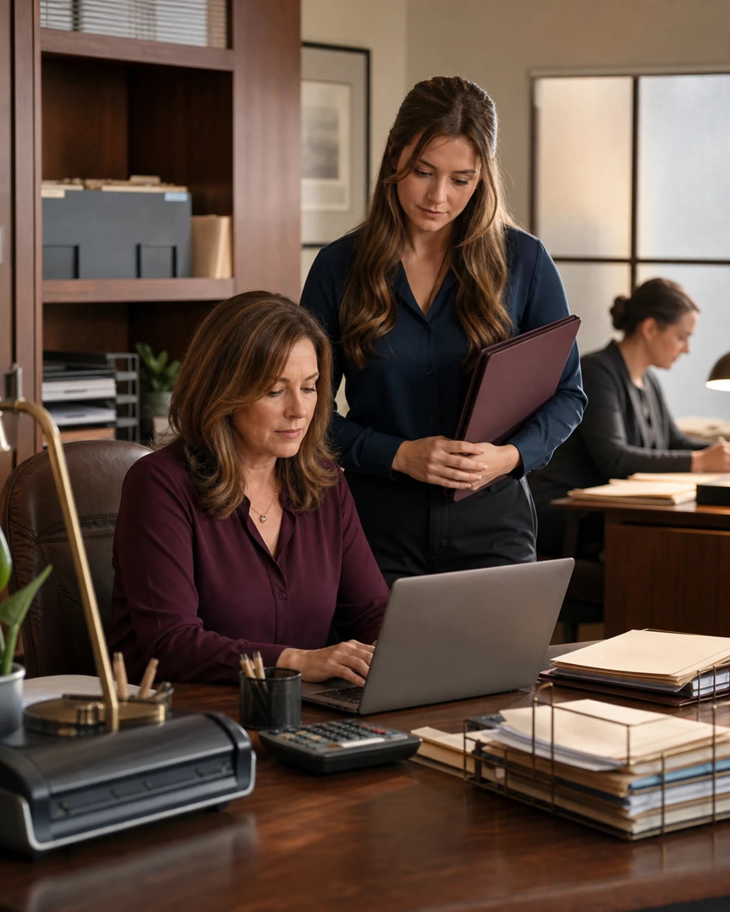 An office team reviewing payroll records at a desk