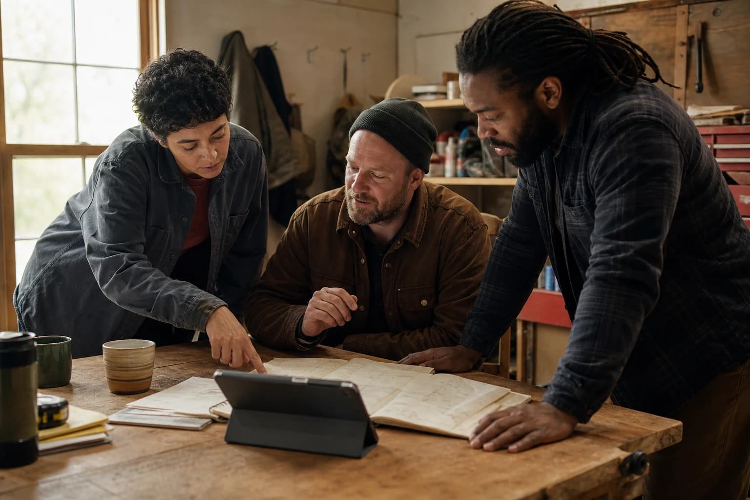 A small-business owner and two employees review a workweek at a workshop table